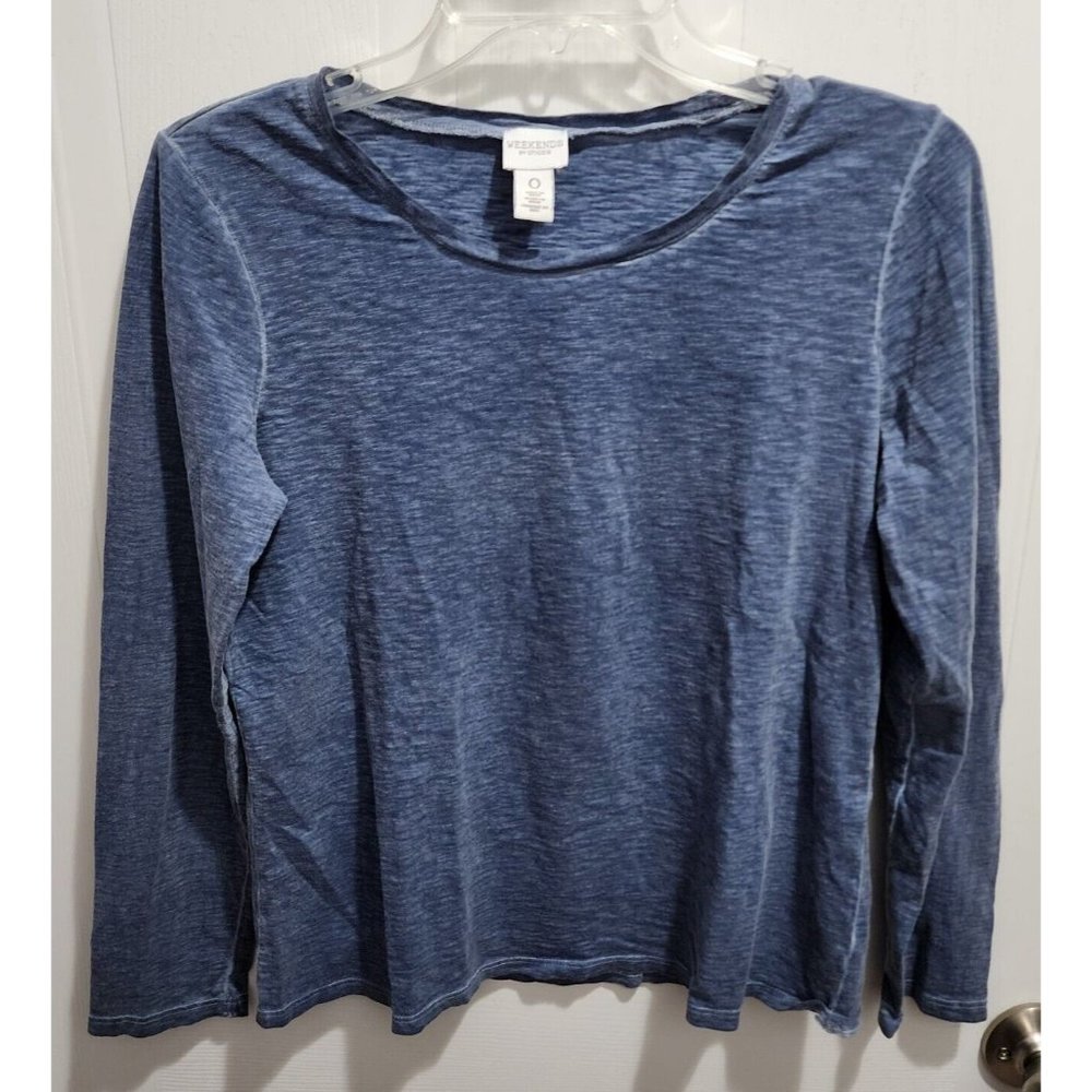 Weekends by Chicos Women's Long Sleeve Casual Top Distressed Heathered Blue Sz S
